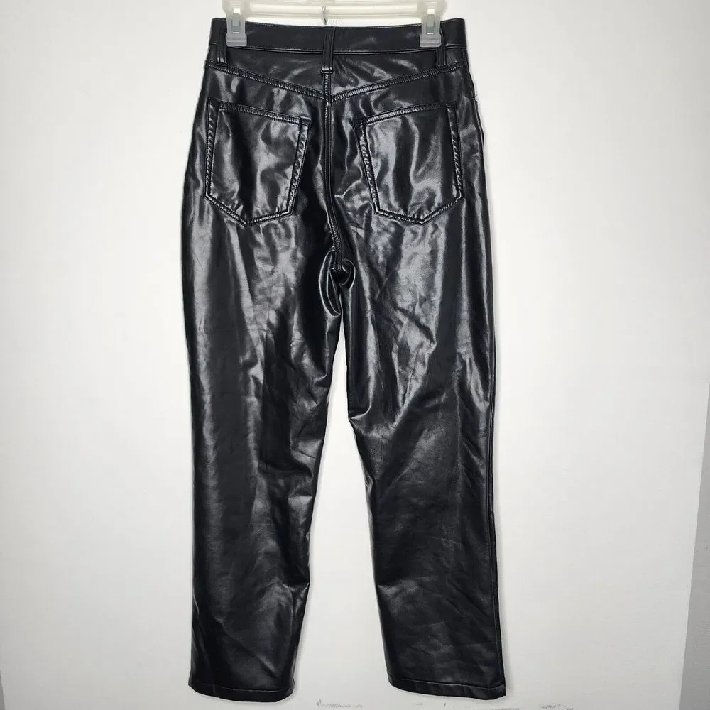 Abercrombie & Fitch Women 90's Straight Ultra High Black Vegan Leather Pant READ